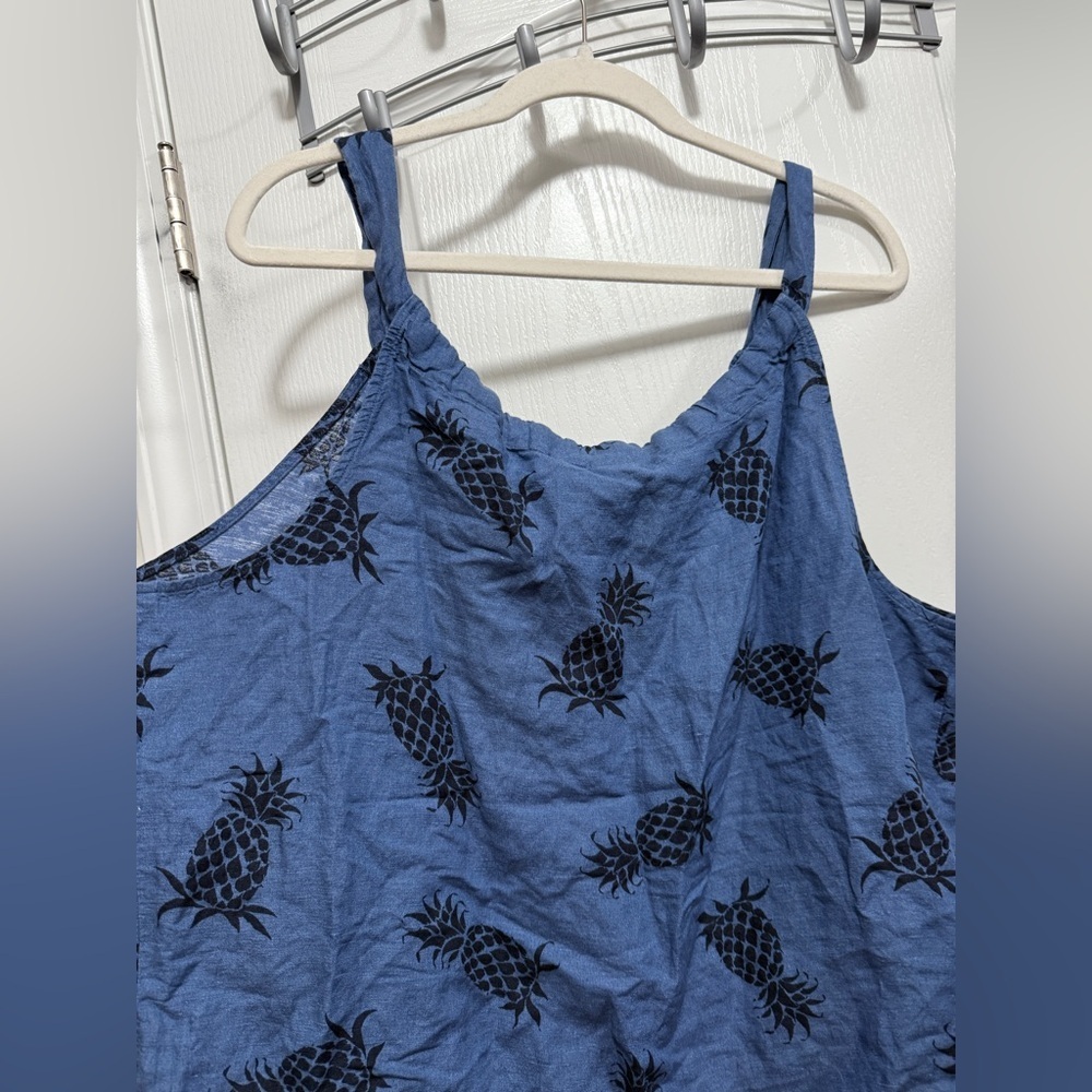 GAP Button Front Tank Top Linen Blend Women's XL Blue Pineapple Tropical Beach - Picture 4 of 15